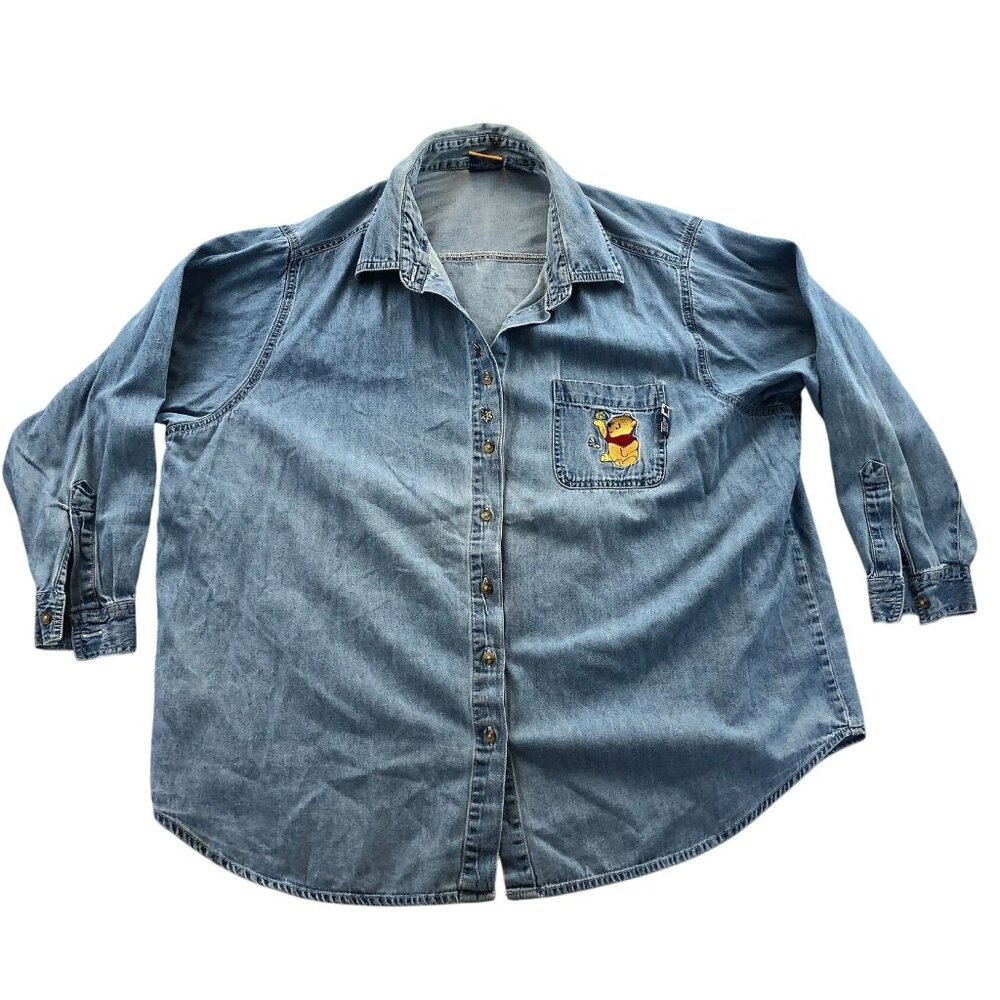 Vintage Pooh Womens Denim Shirt 22W/24W Blue Button Front Classic The Pooh Top